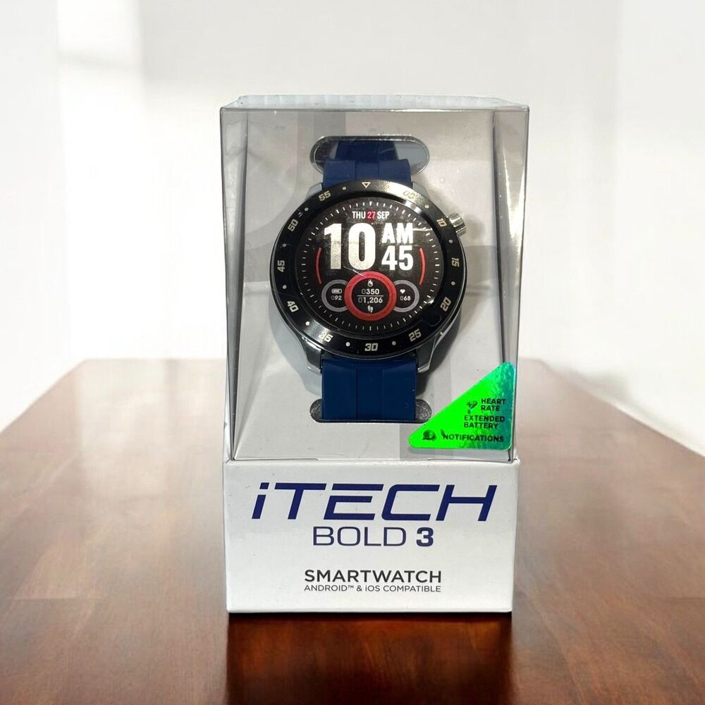 iTech Bold 3 Smart Watch Fitness Tracker Unisex Bluetooth Blue Silicone Strap
